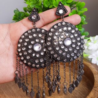 Stonework dhabri Earrings, Black, White