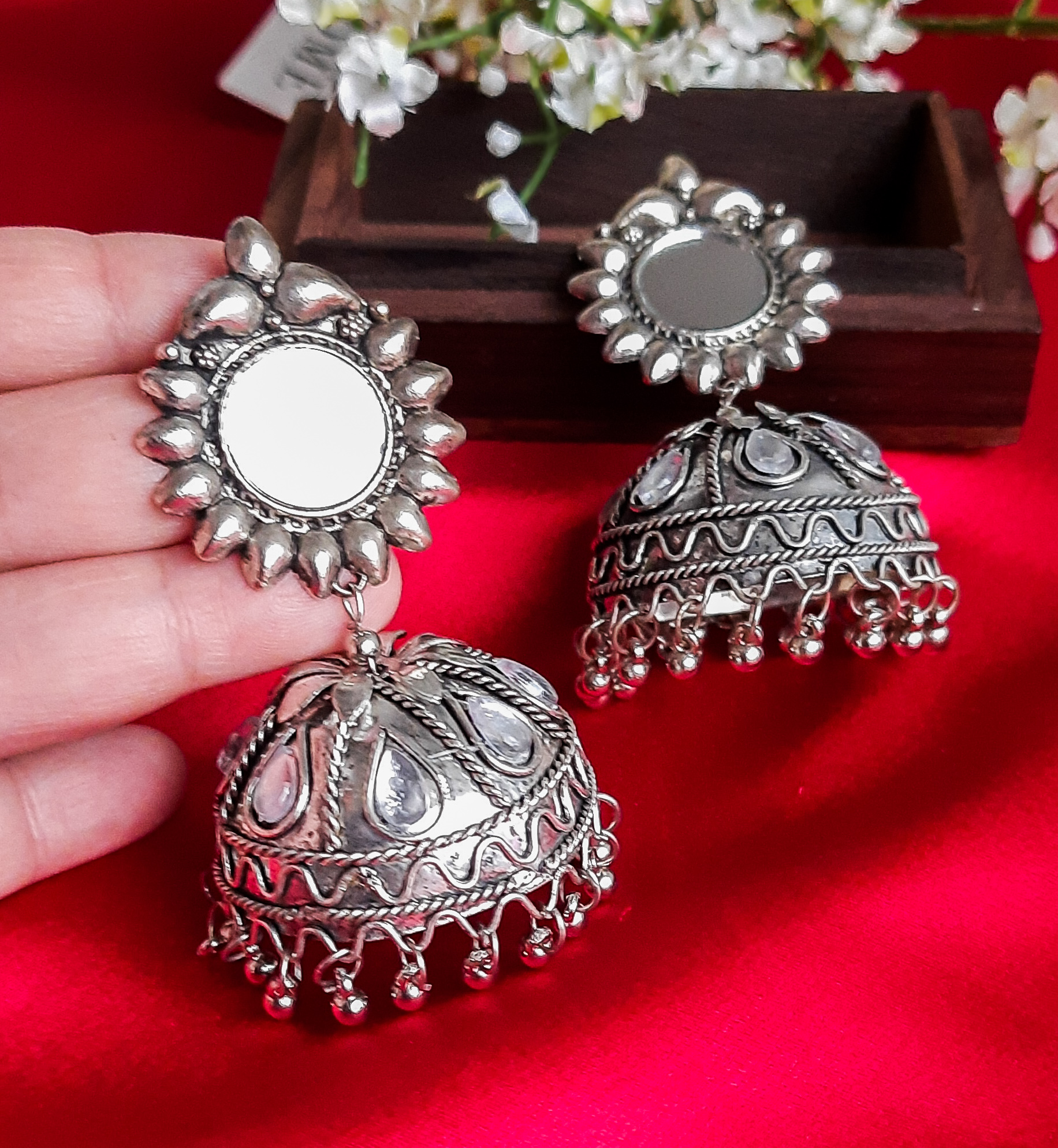 Adya Mirror Jhumkas, White, Silver – Hand Crafted Jewels