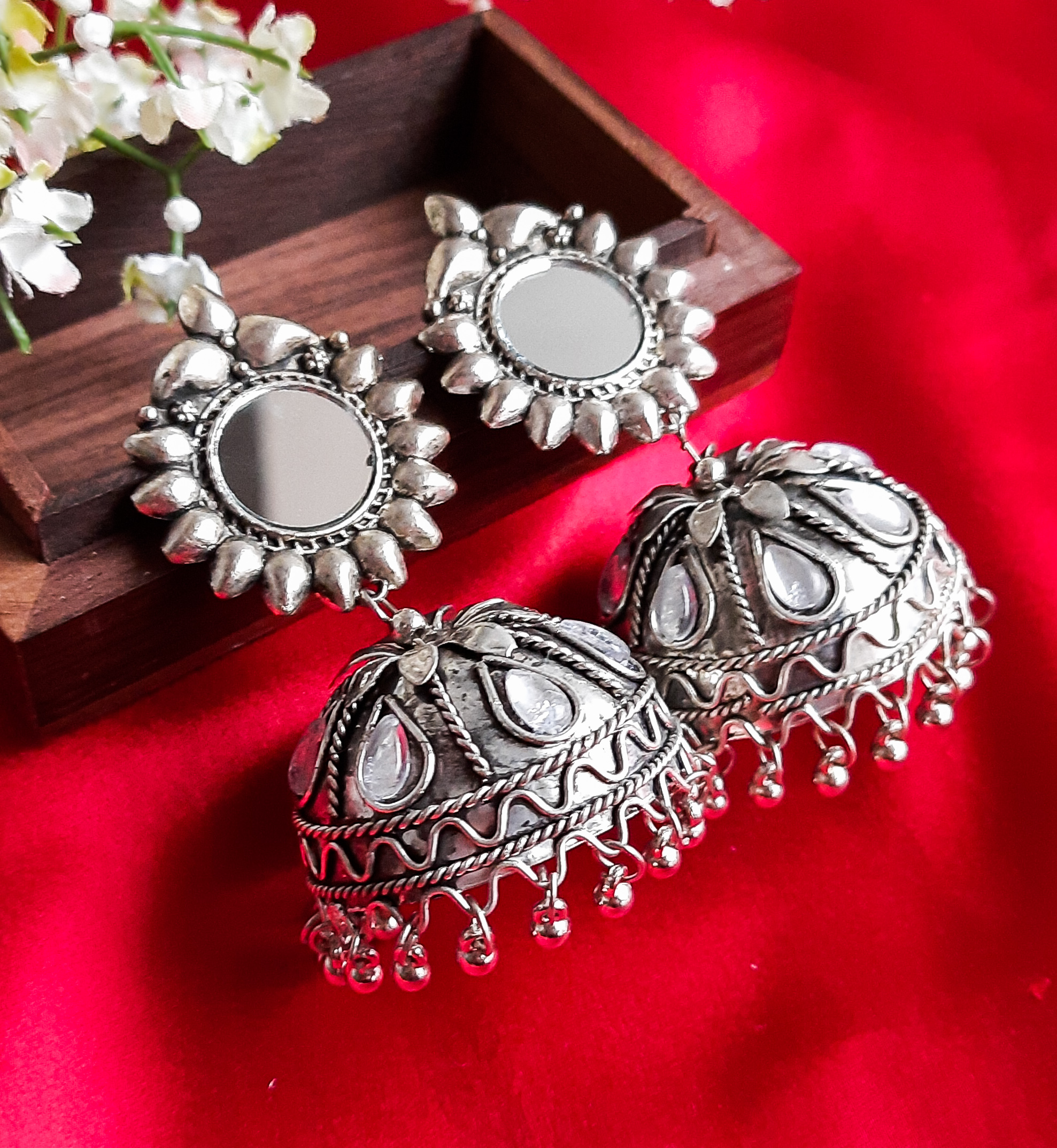 Adya Mirror Jhumkas, White, Silver – Hand Crafted Jewels