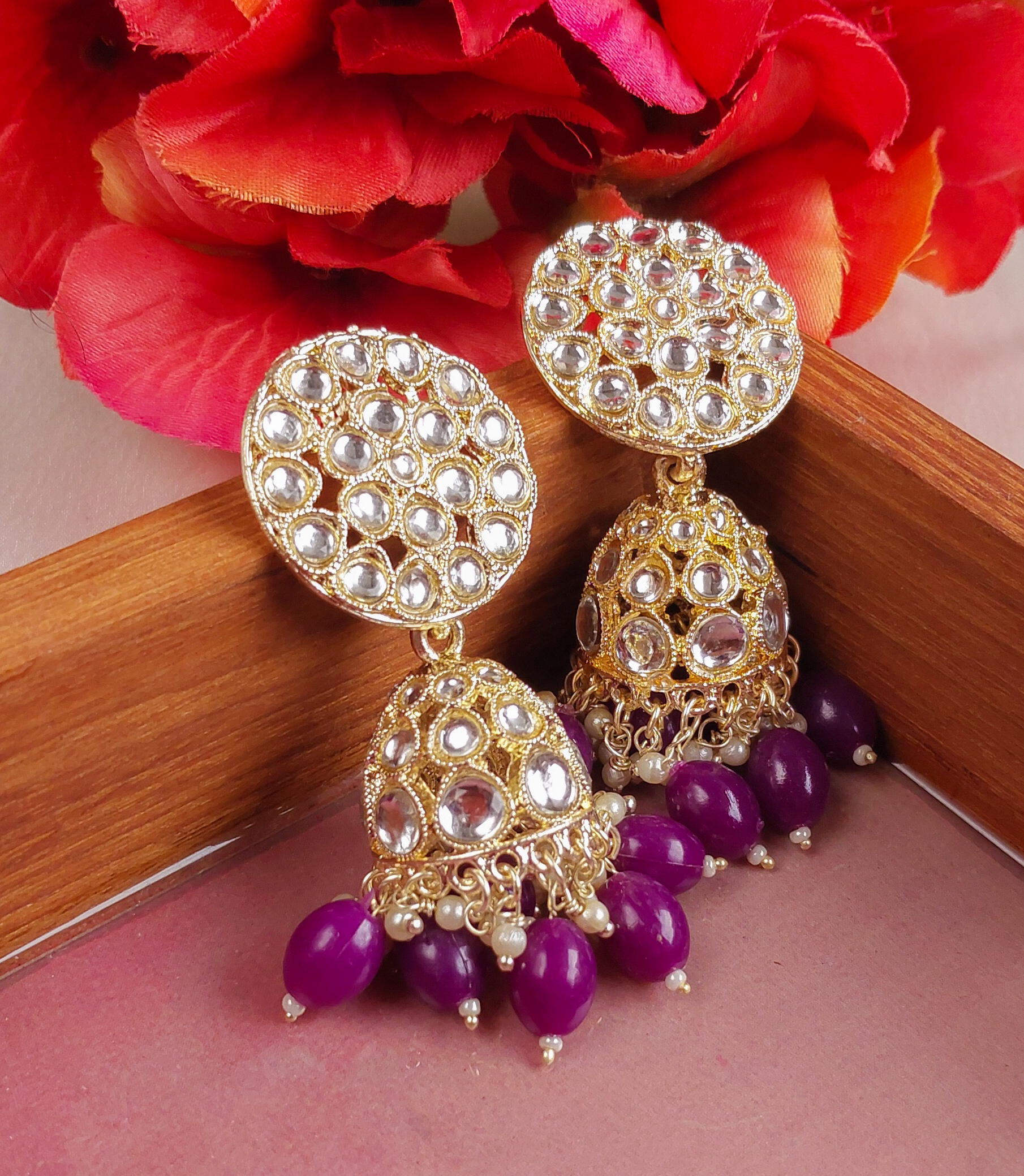 Woma Purple Austrian Stone Gold Plated Jhumka Earrings - 1318352B