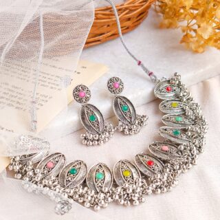 Srija Stonework Necklace Set, Multi, Silve0