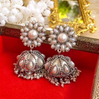 Mukta Jhumka Earrings, White, Silver