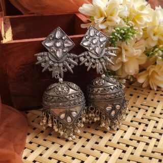 Stonework Banzara Jhumka Earrings, Matt Black