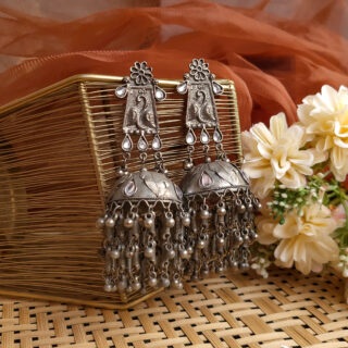 Stonework Panchi Jhumka Earrings, Matt Black