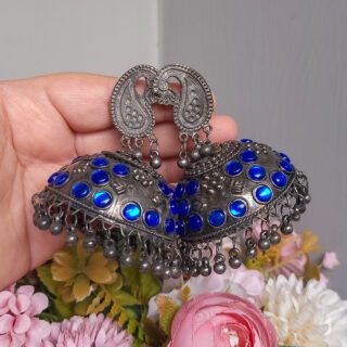 Mayur Stonework Jhumka Earrings, Blue, Black