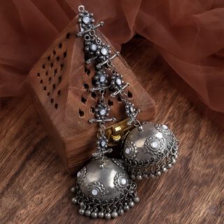 Long Ardra Stonework Jhumka Earrings, White, Matt Black