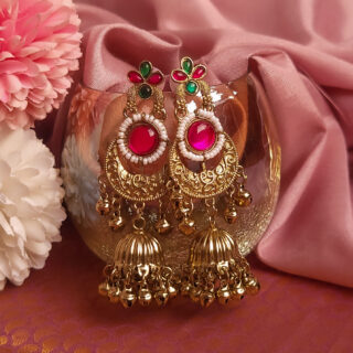 Tara Floral Ghughuru Jhumkas Earrings, White, Green, Pink, Mehdi Gold